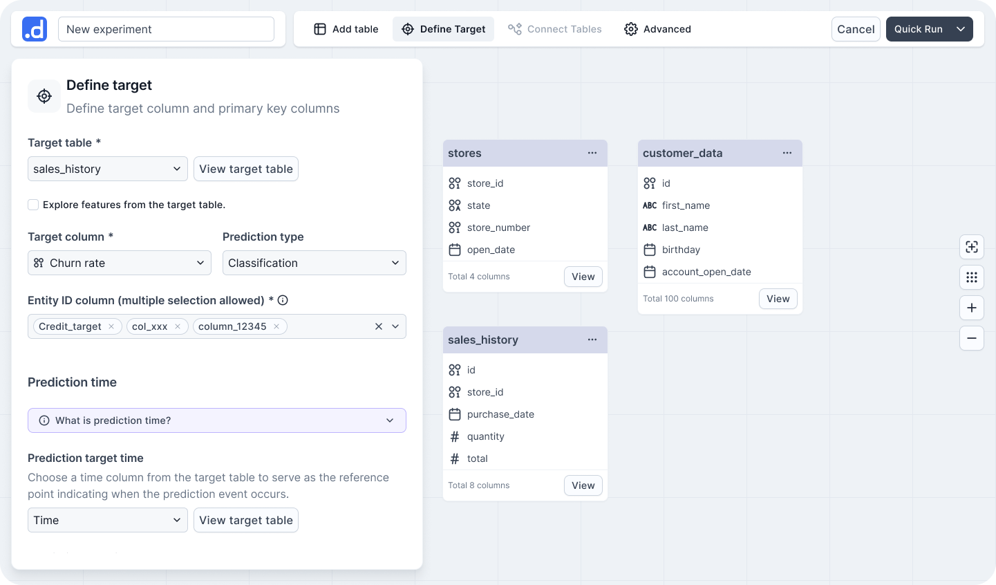 dotData Enterprise AutoML: Define Target step with configuration panel and data schema canvas