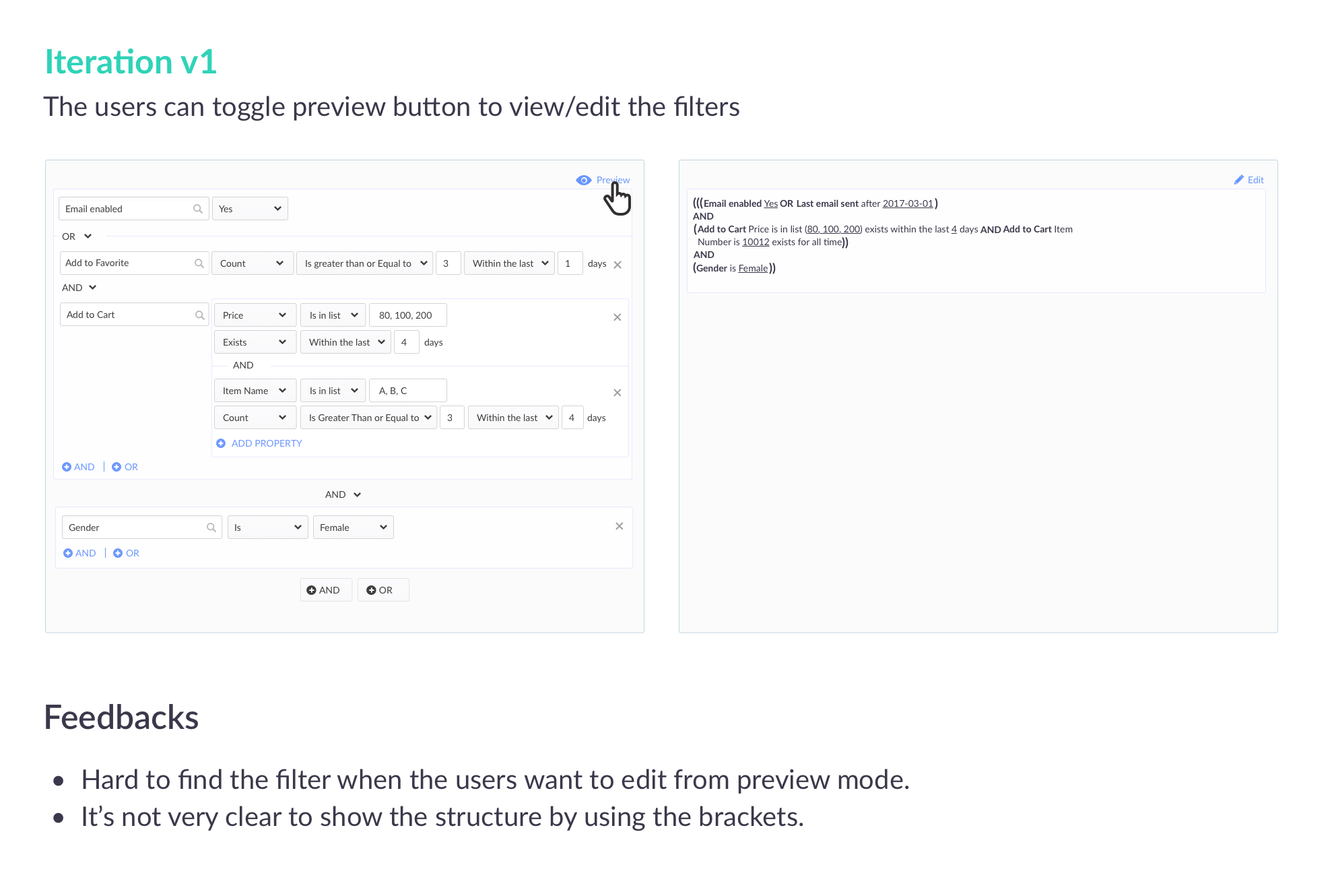 Iteration v1 with edit mode on the left and a parenthesis-heavy preview on the right