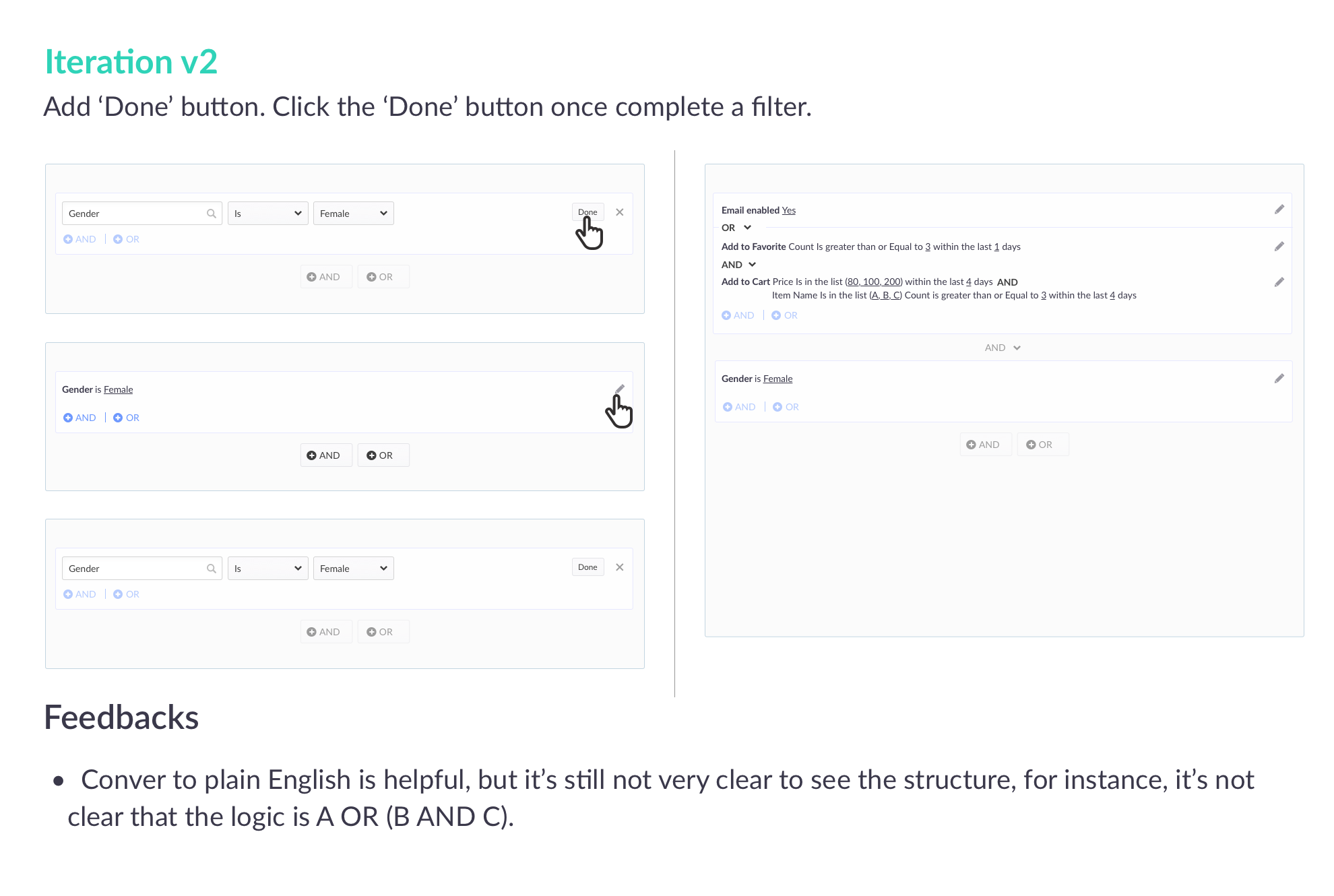 Iteration v2 collapsing filter rows into underlined plain-English sentences