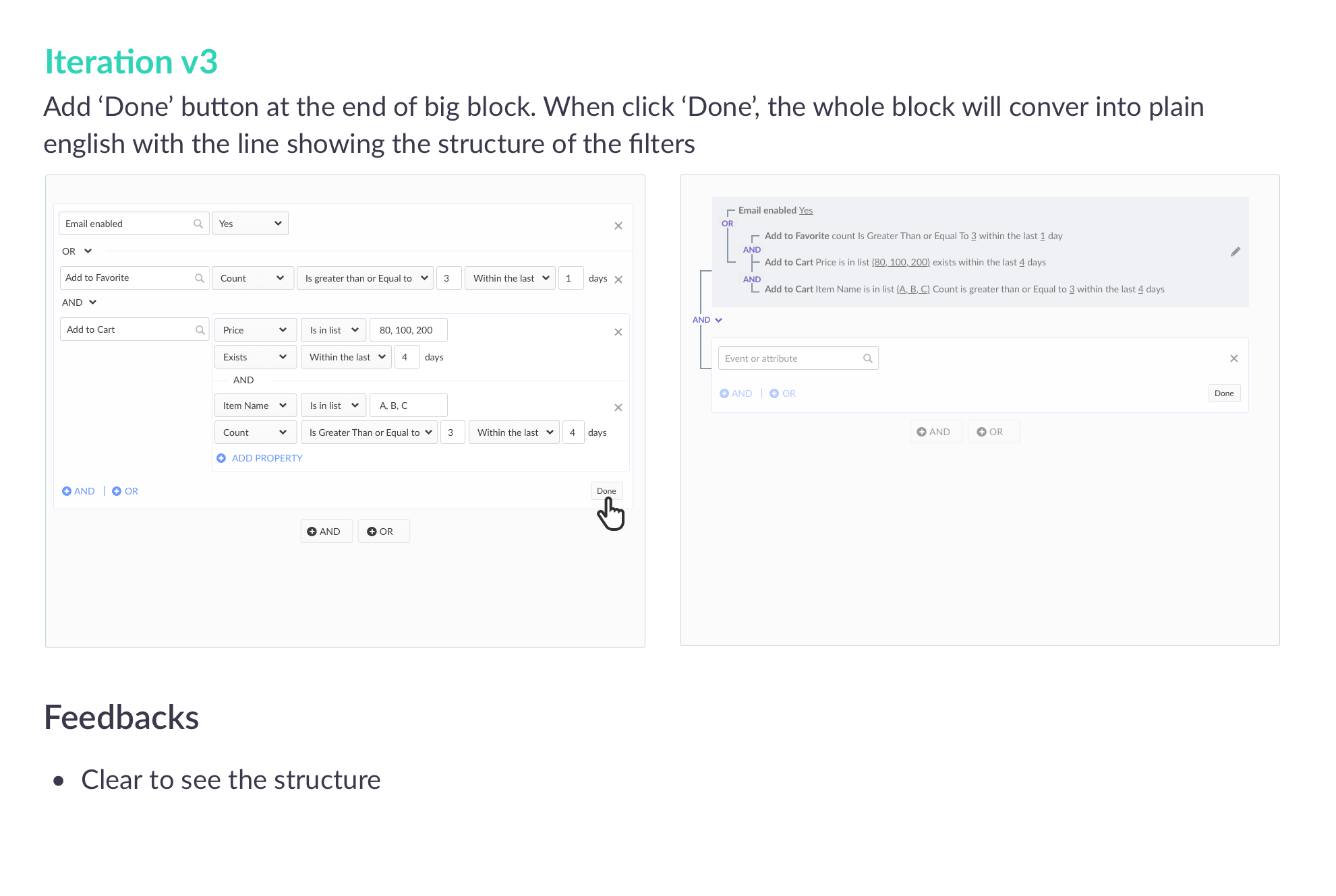 Iteration v3 showing a Done click collapsing an edit block into a tree of plain-English criteria