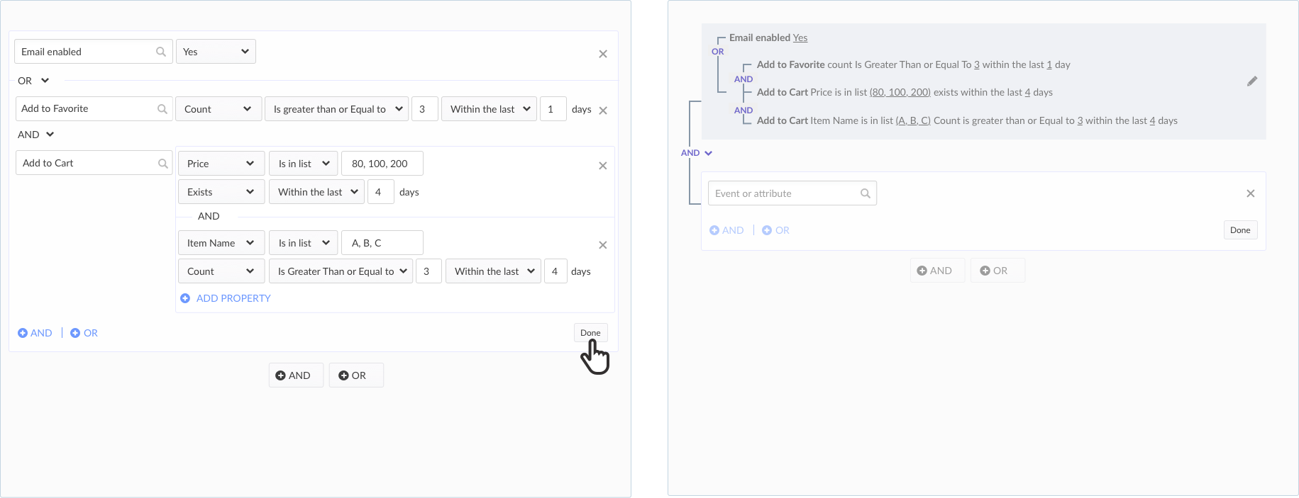 Side-by-side edit and collapsed summary states of a nested Kahuna segment filter