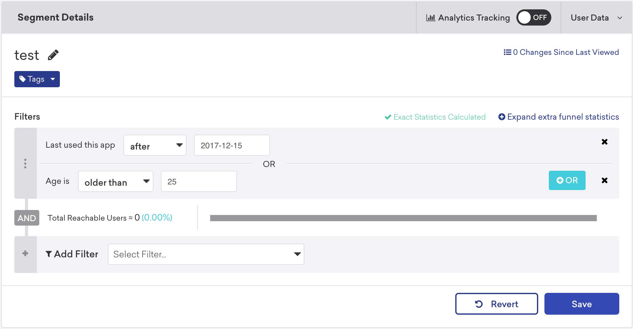 Appboy Segment Details with an OR filter group and total reachable users estimate