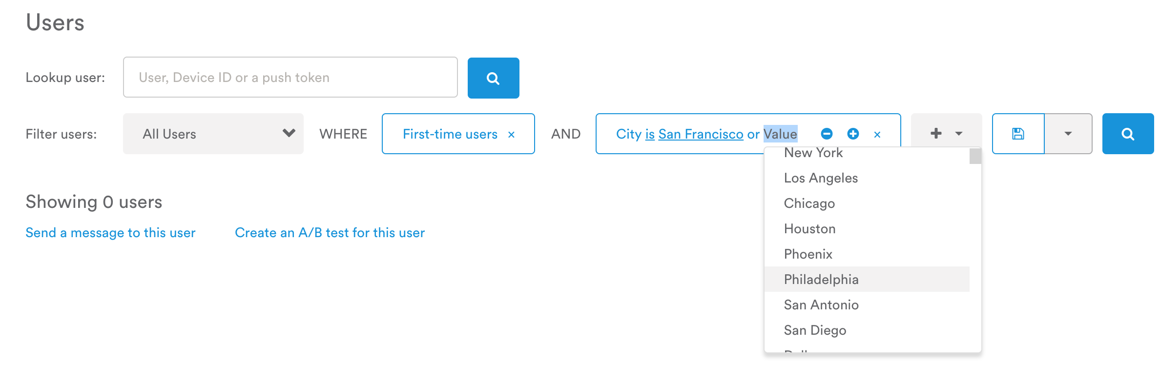 Leanplum Users filter reading All Users WHERE First-time users AND City is San Francisco