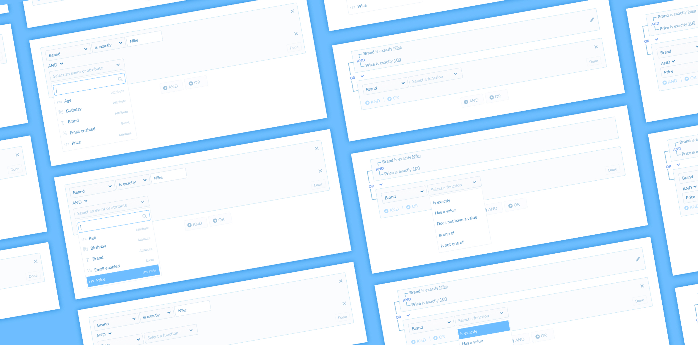 Kahuna segment filter editor showing nested Brand and Price conditions with AND and OR connectors