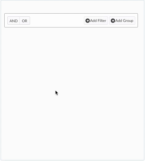 Prototype of an empty filter canvas with AND OR toggle and add filter or add group buttons