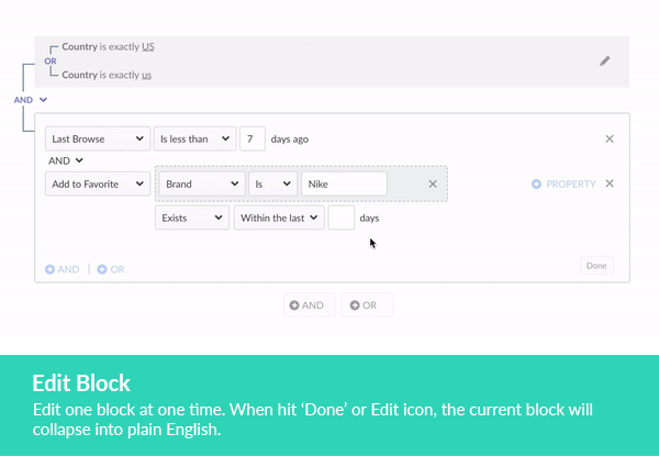 Filter editor collapsing an edited block into a plain-English summary
