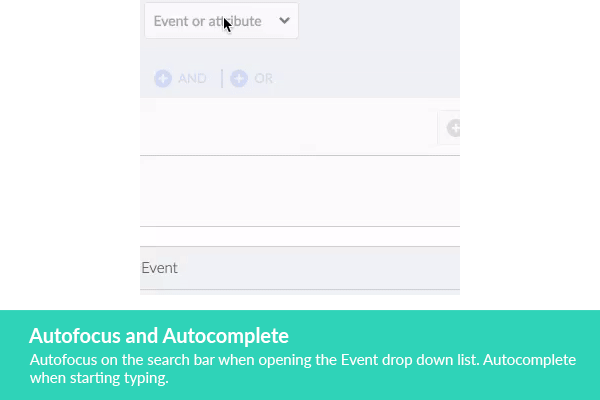 Event or attribute dropdown with autofocus search and autocomplete