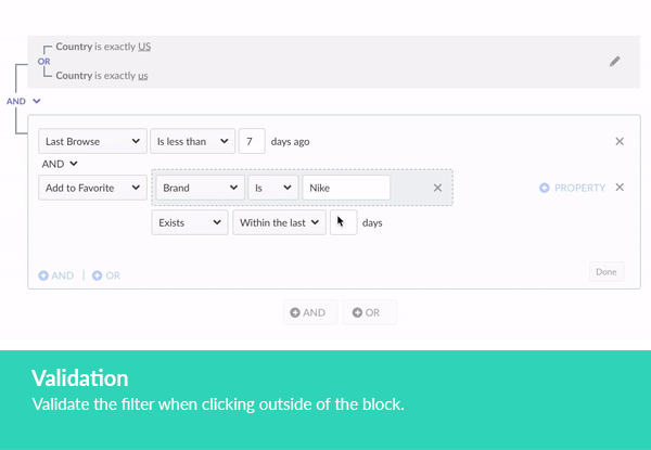 Filter editor validating an incomplete nested property when the cursor leaves the block